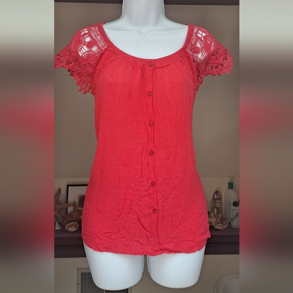 NWOT PLUS SIZE Red Signature Studio Crochet Short Sleeve Blouse Boho XL